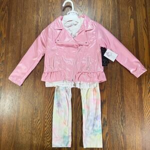 Girls First 3 Piece Pink Ruffled Faux Leather Jacket Graphic Tee TieDye Pants 4T